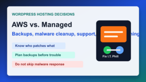AWS WordPress hosting comparison showing backups malware cleanup support and CDN planning