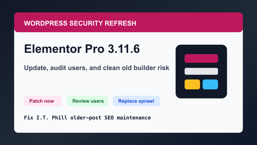 Elementor Pro 3.11.6 WordPress security refresh checklist for patching user review and builder replacement planning