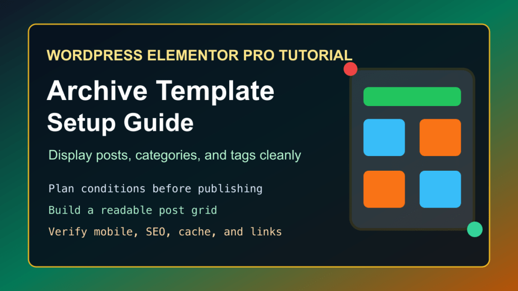 Elementor Pro archive template guide showing a WordPress post grid layout and display condition checklist
