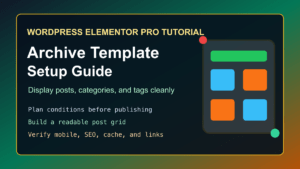 Elementor Pro archive template guide showing a WordPress post grid layout and display condition checklist