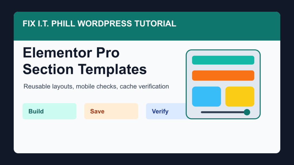 Elementor Pro section template checklist showing build, save, and verification steps for reusable WordPress layouts