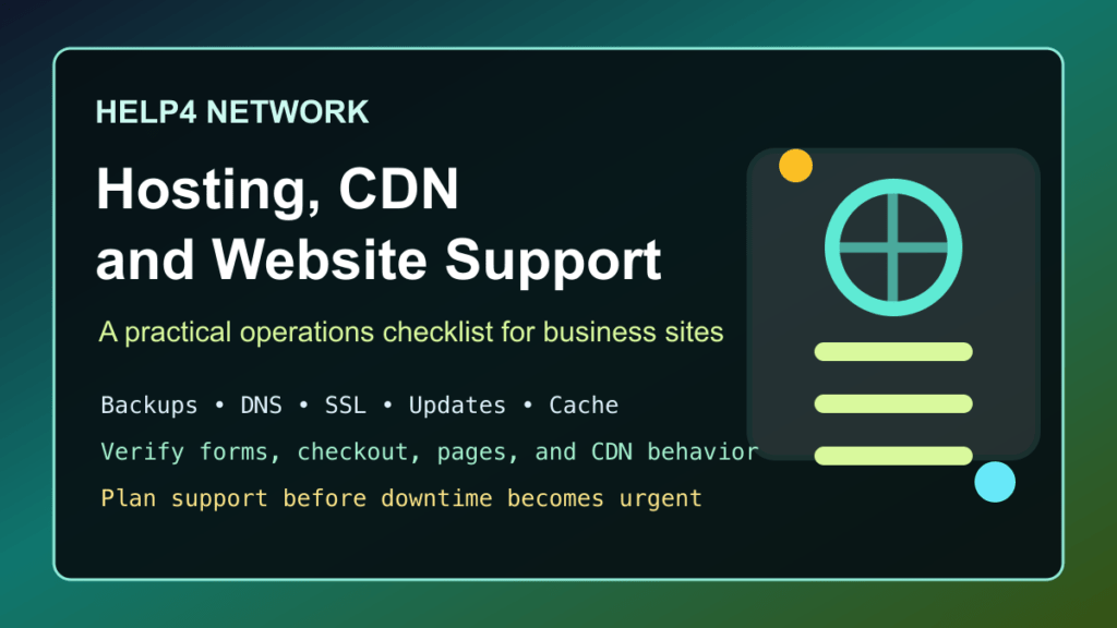 Help4 Network hosting CDN and website support checklist for backups, DNS, SSL, updates, cache, and WordPress maintenance