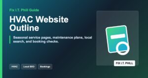HVAC website outline checklist for repair, installation, maintenance plans, reviews, service areas, booking checks, and local SEO