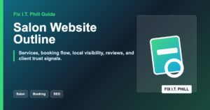 Salon website outline checklist for services, booking, photos, reviews, local SEO, policies, and client trust signals