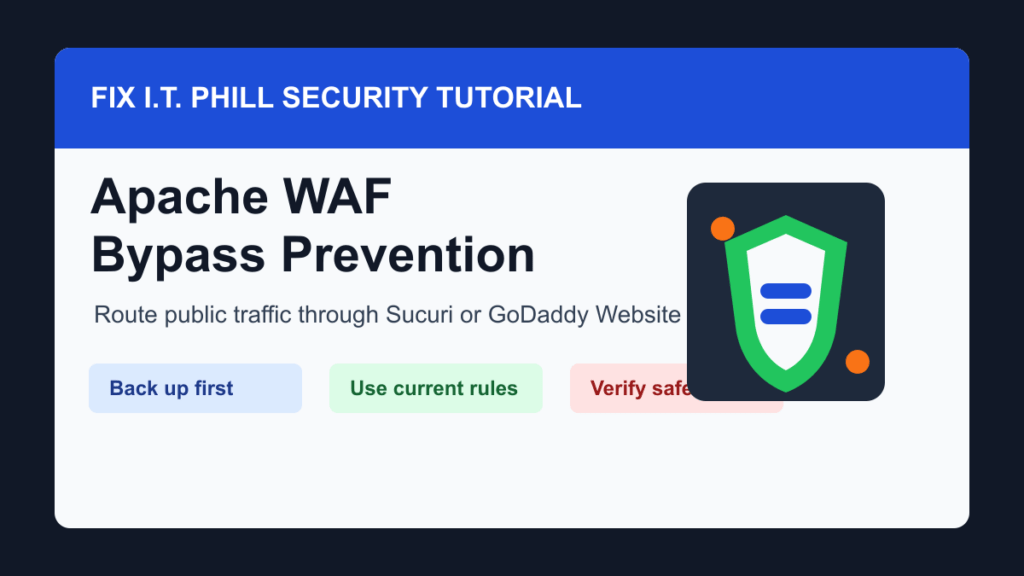 Apache WAF bypass prevention guide showing a protected website firewall path and safe verification checklist