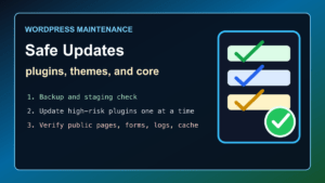 WordPress safe update checklist for plugins themes and core with backup staging and verification steps