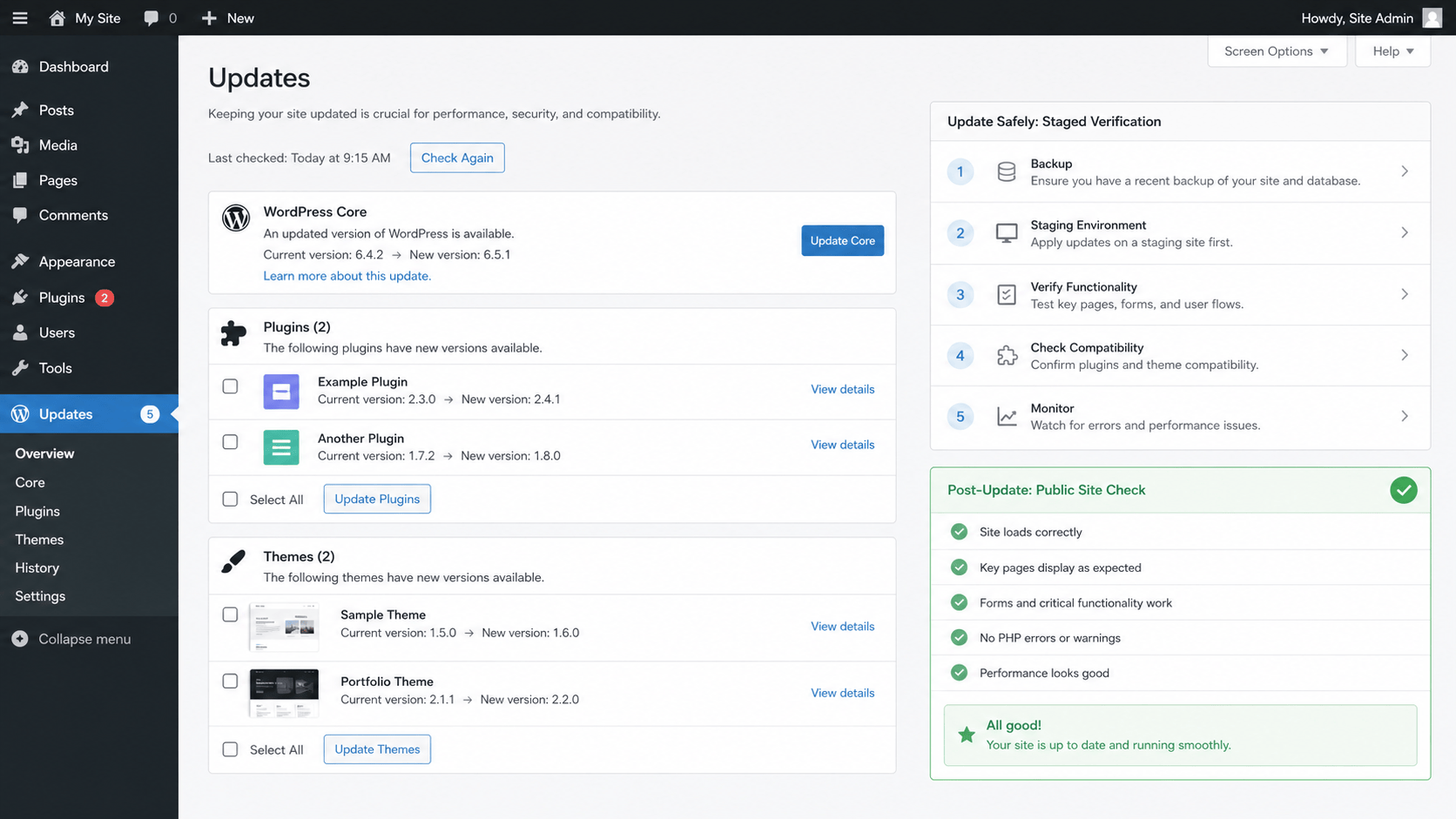 Fictitious WordPress-style Updates dashboard showing staged core, plugin, and theme checks with post-update verification