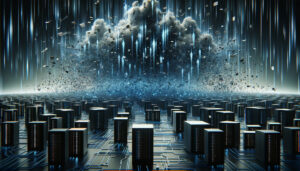 Digital landscape with server structures bombarded by a storm of HTTP and DNS requests, indicating a DDoS attack.