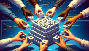 Diverse hands of developers placing Bootstrap logo blocks into a digital repository structure, symbolizing manual installation in a web development environment.