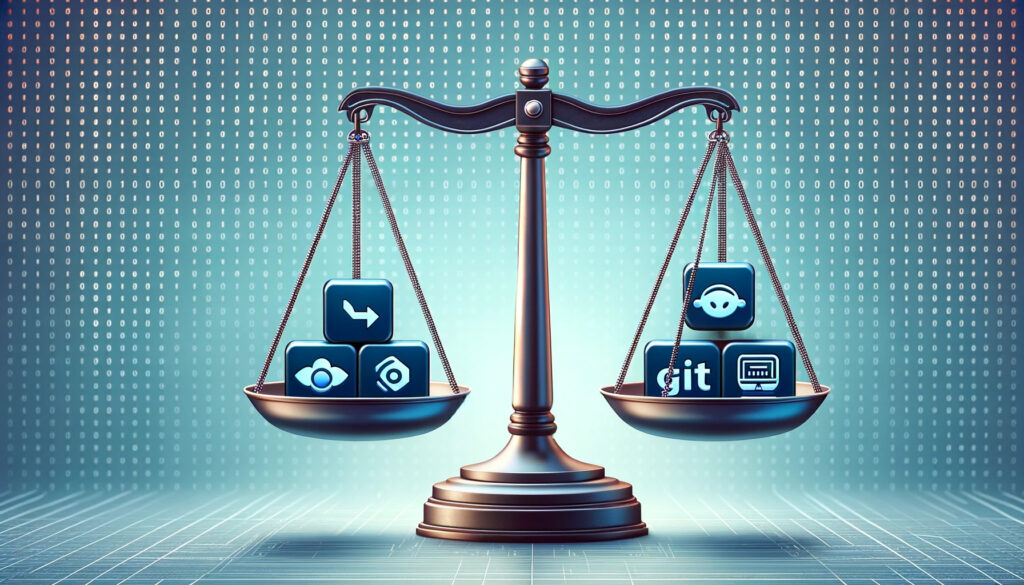 Digital balance scale with Composer, NPM, and Yarn versus Git and a manual download icon, comparing package managers and manual downloading.