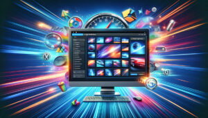 Modern computer monitor displaying a WordPress website with vibrant images around it, symbolizing efficient image optimization with speed elements.