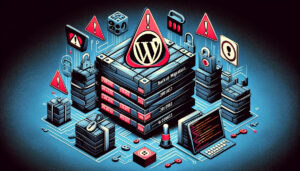 Artwork showing a critical security alert for CVE-2023-6553 in WordPress 'Backup Migration' plugin, with danger symbols.