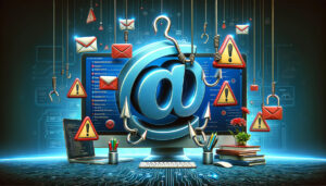 Image depicting a phishing attack on cPanel/Roundcube users with email icons, phishing hooks, and warning signs.