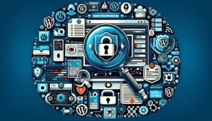 Visual representation of securing a WordPress site from CVE-2023-6559, featuring cybersecurity and vigilance elements.