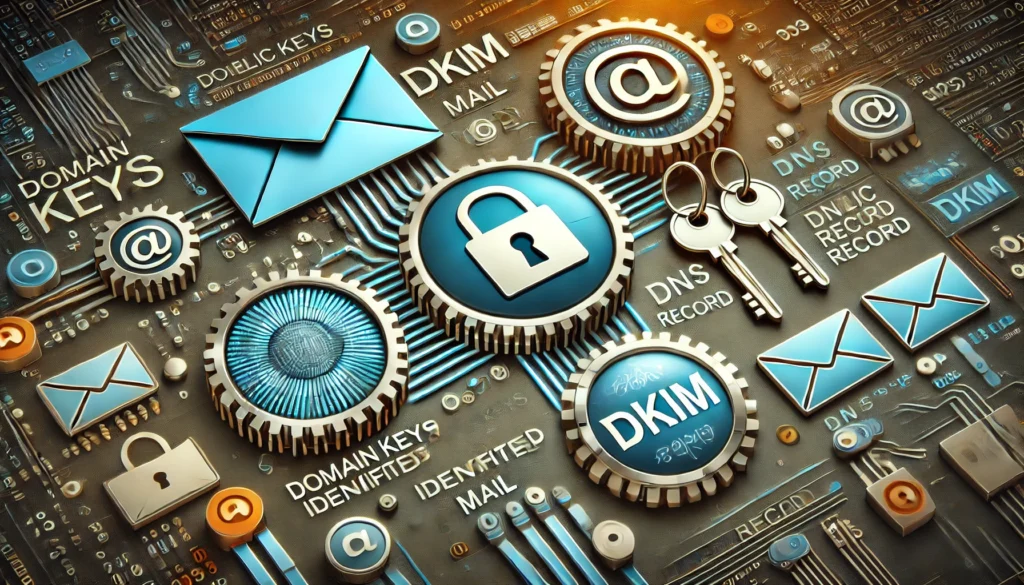 DKIM email security with keys and DNS record symbols.
