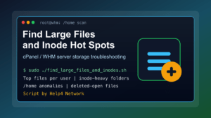 cPanel WHM Linux server storage report showing large files inode hot spots and Help4 Network Bash script output
