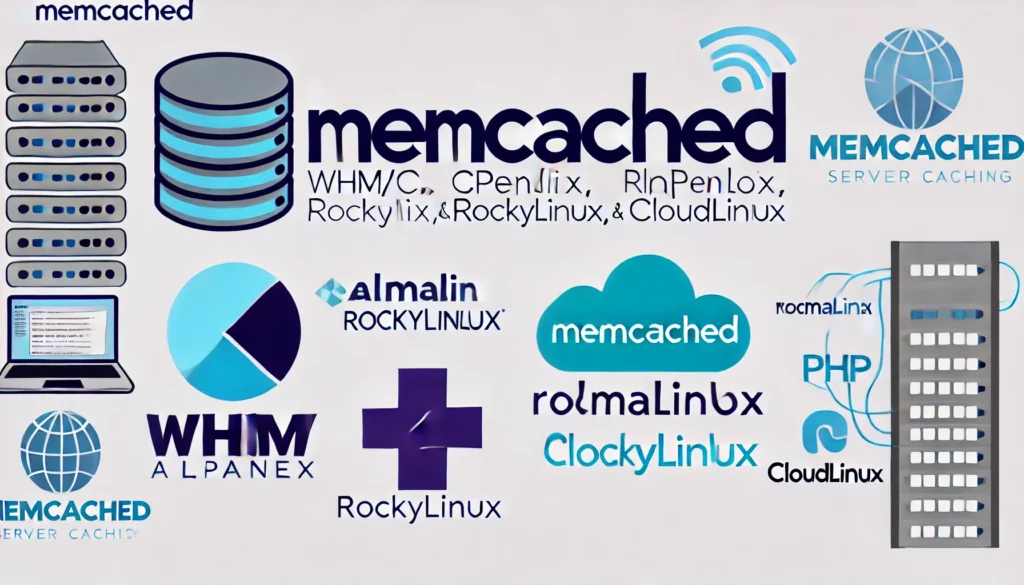 Memcached logo with WHM/cPanel, AlmaLinux, RockyLinux, and CloudLinux logos, representing compatibility and caching installation.