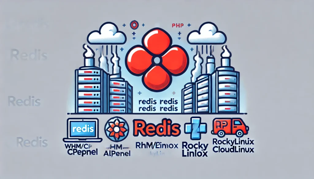 Redis logo with WHM/cPanel, AlmaLinux, RockyLinux, and CloudLinux logos, representing caching installation and performance improvement.