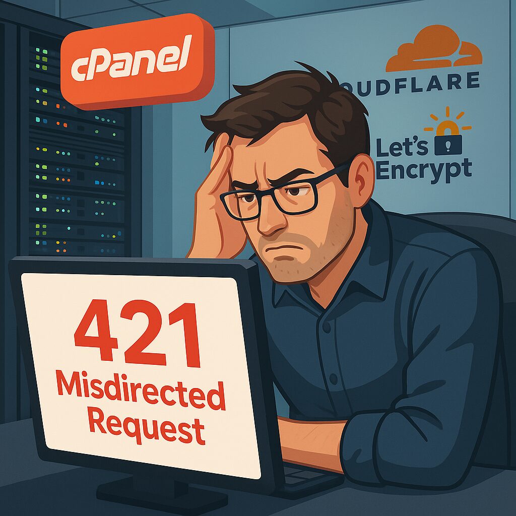 Frustrated server admin facing Cloudflare 421 Misdirected Request error in server room with cPanel and Let's Encrypt logos
