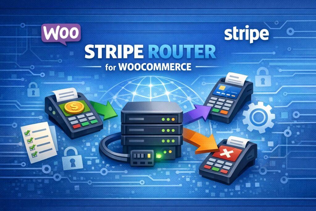 Stripe Router for WooCommerce plugin illustration showing payment routing between servers and Stripe terminals