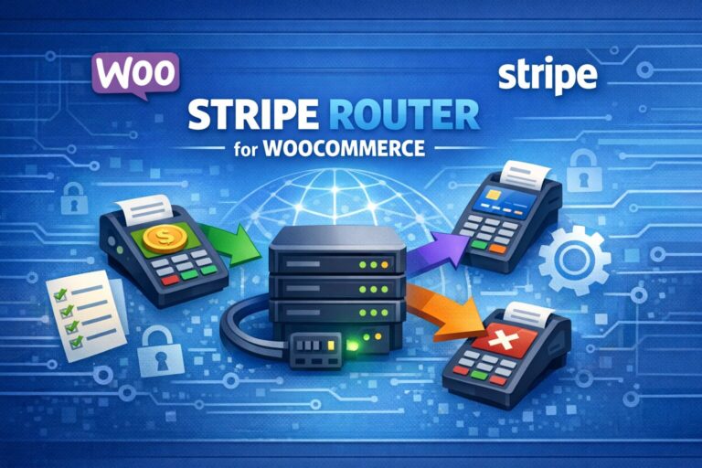 Stripe Router for WooCommerce plugin illustration showing payment routing between servers and Stripe terminals