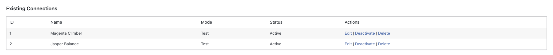 Example Stripe Router connections list showing two active test-mode connections with no credentials displayed.