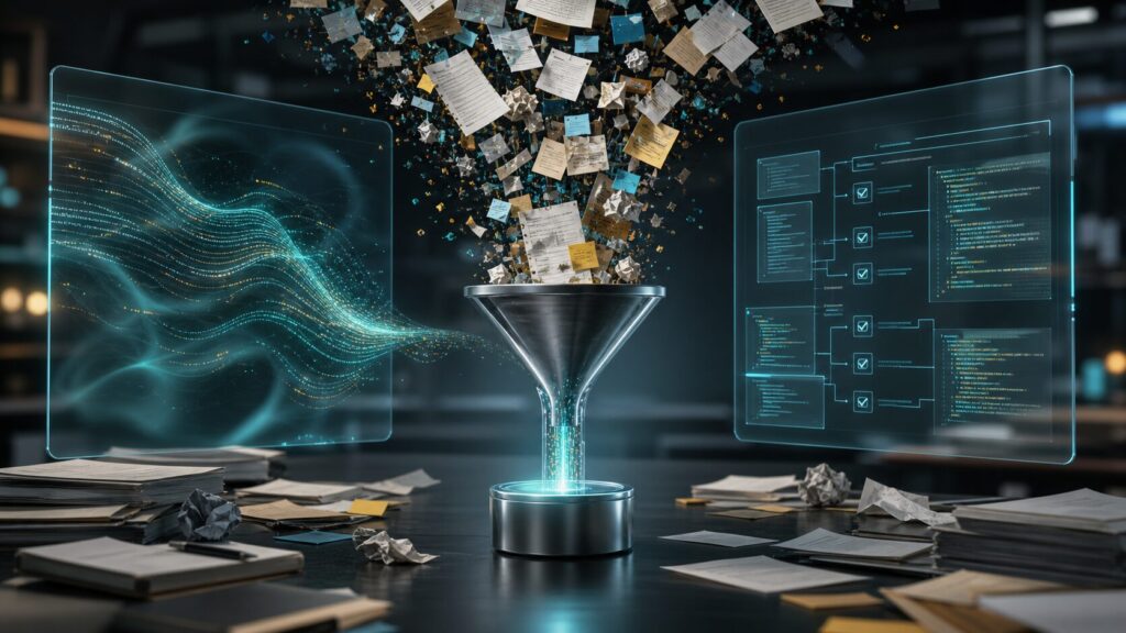AI workflow showing messy documentation filtered into disciplined model reasoning