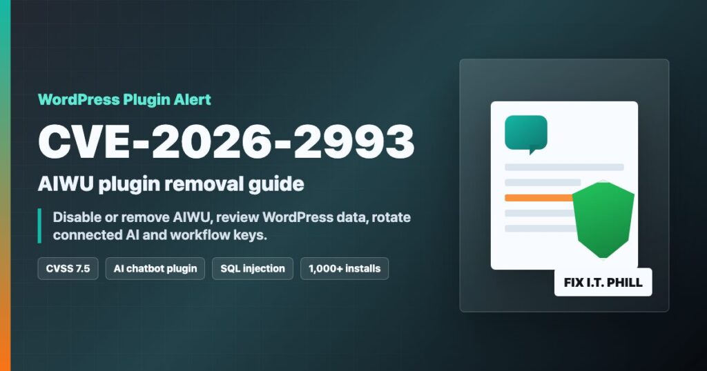 WordPress AI chatbot plugin protected with removal and review guidance for AIWU CVE-2026-2993