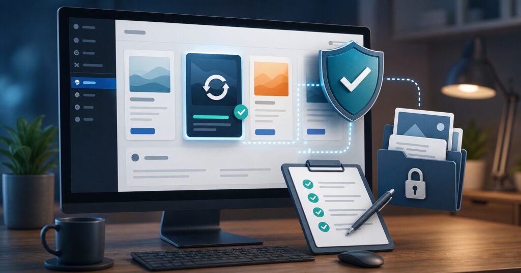 WordPress Betheme theme update dashboard with shield and safe file review checklist for CVE-2026-6261