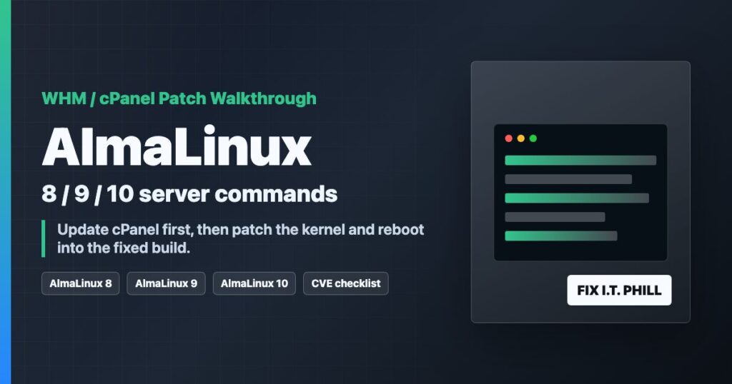 AlmaLinux WHM and cPanel CVE patch walkthrough with commands for versions 8 9 and 10