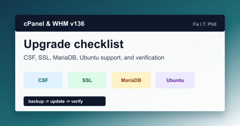 cPanel WHM version 136 upgrade checklist showing CSF SSL MariaDB Ubuntu support and post update verification