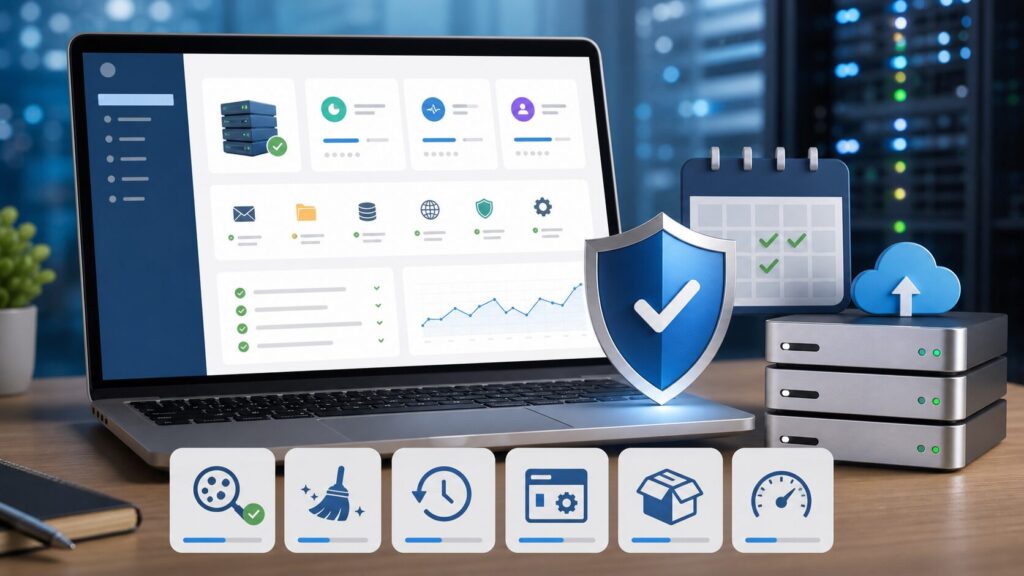 cPanel WordPress hosting security checklist showing malware scanning backups restore assistance and firewall coverage