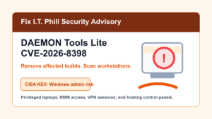 DAEMON Tools Lite CVE-2026-8398 Windows admin workstation removal and update checklist