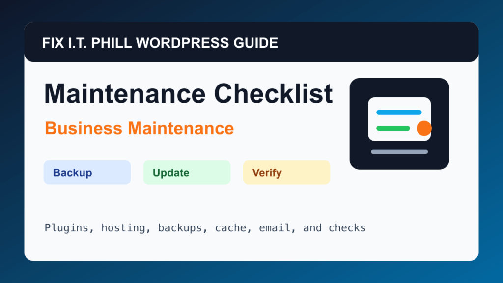 WordPress maintenance checklist hub for business sites, plugins, hosting, backups, cache, email, and verification
