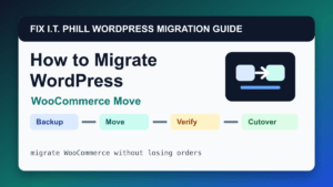 How to Migrate WooCommerce Without Losing Orders migration tutorial showing backup, transfer, verification, and DNS cutover checks