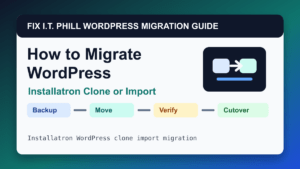 How to Migrate WordPress by Installatron Clone or Import migration tutorial showing backup, transfer, verification, and DNS cutover checks