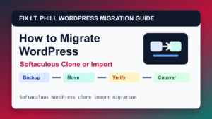 How to Migrate WordPress by Softaculous Clone or Import migration tutorial showing backup, transfer, verification, and DNS cutover checks
