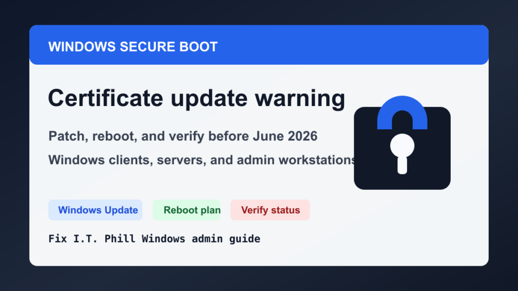 Windows Secure Boot certificate update warning guide for patching reboot planning and June 2026 verification