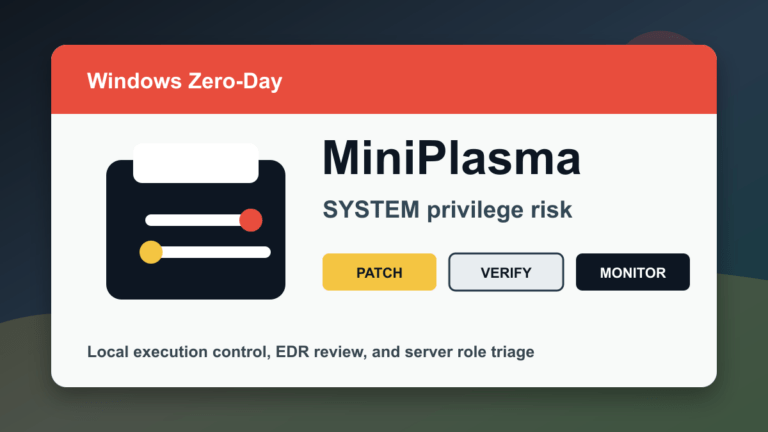 MiniPlasma Windows zero-day SYSTEM privilege risk checklist for Windows Server, RDS, Hyper-V, and admin workstations
