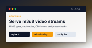 Nginx HLS playback tutorial showing m3u8 playlists video segments CDN cache and player verification