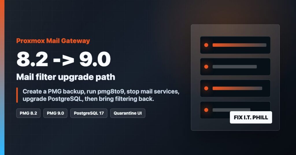 Proxmox Mail Gateway 8.2 to 9.0 upgrade path with pmg8to9 and PostgreSQL 17 checks
