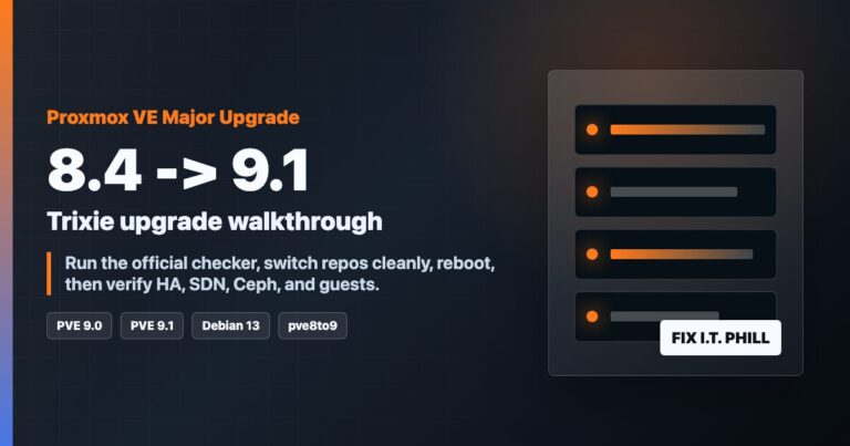Proxmox VE 8.4 to 9.1 Debian 13 Trixie upgrade walkthrough with pve8to9 checks