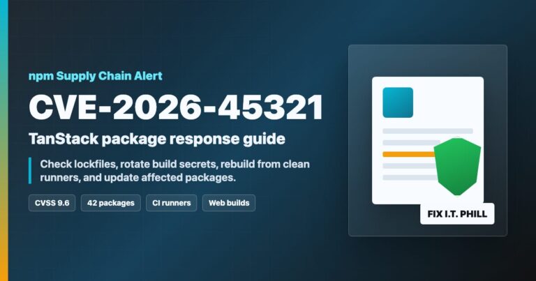 npm package security checklist for TanStack CVE-2026-45321 showing protected web build pipeline