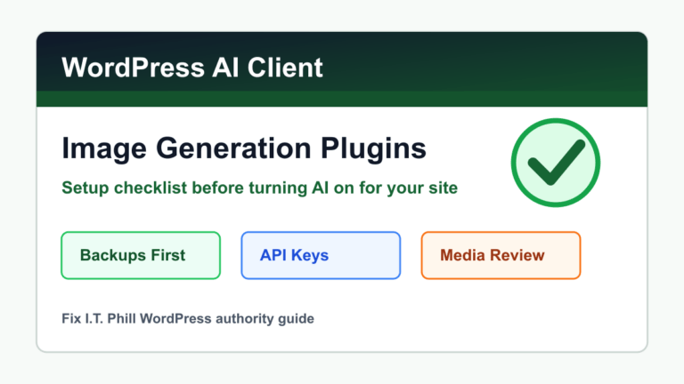 WordPress AI Client image generation plugin setup checklist with backups, API keys, and media review