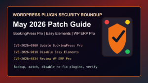 WordPress plugin security roundup for BookingPress Pro Easy Elements and WP ERP Pro May 2026 patch guidance