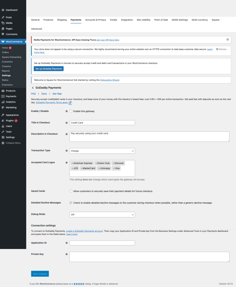 GoDaddy Payments for WooCommerce settings page in local WordPress sandbox showing Application ID Private Key and staging fields