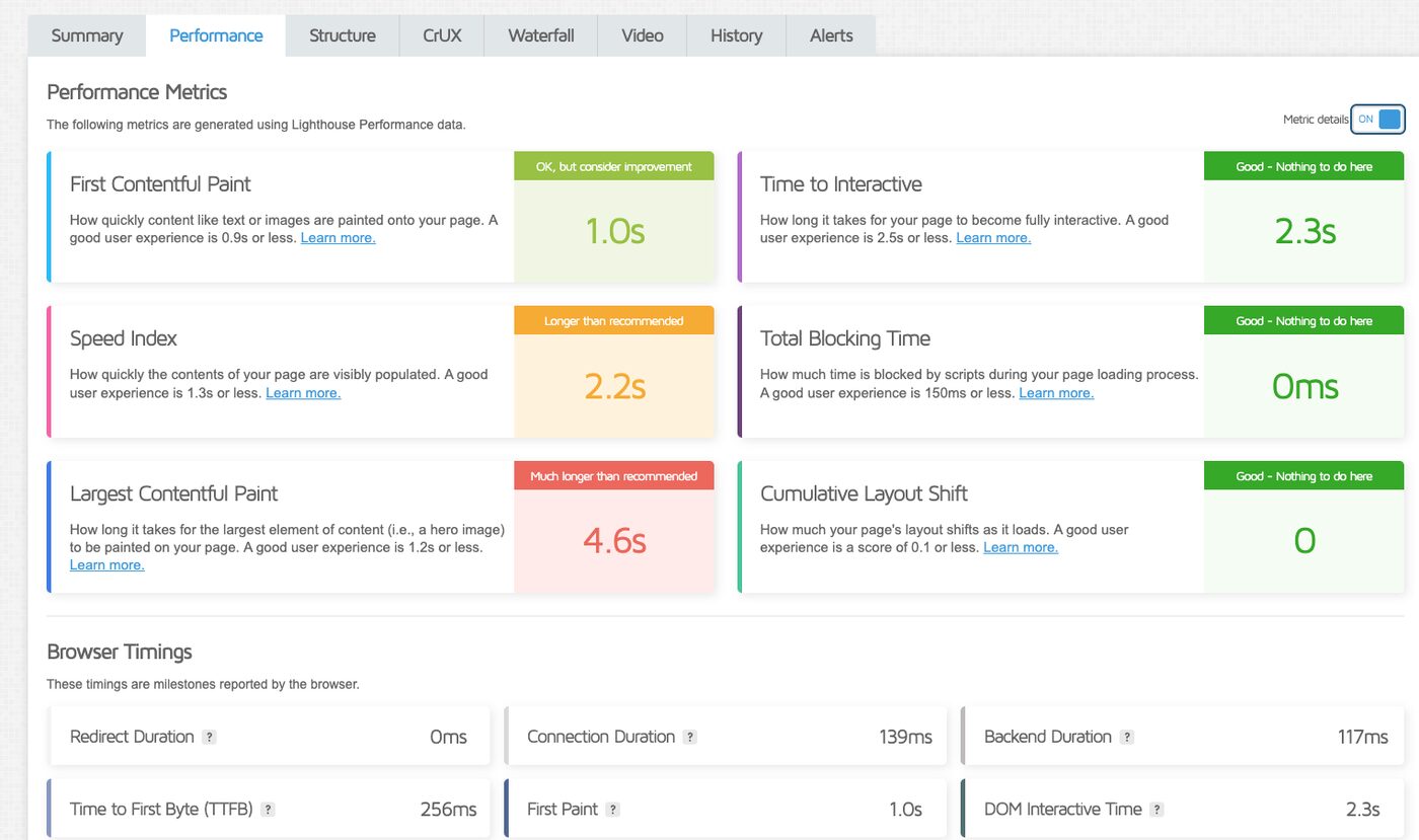 Website performance metrics panel with LCP and TTFB values