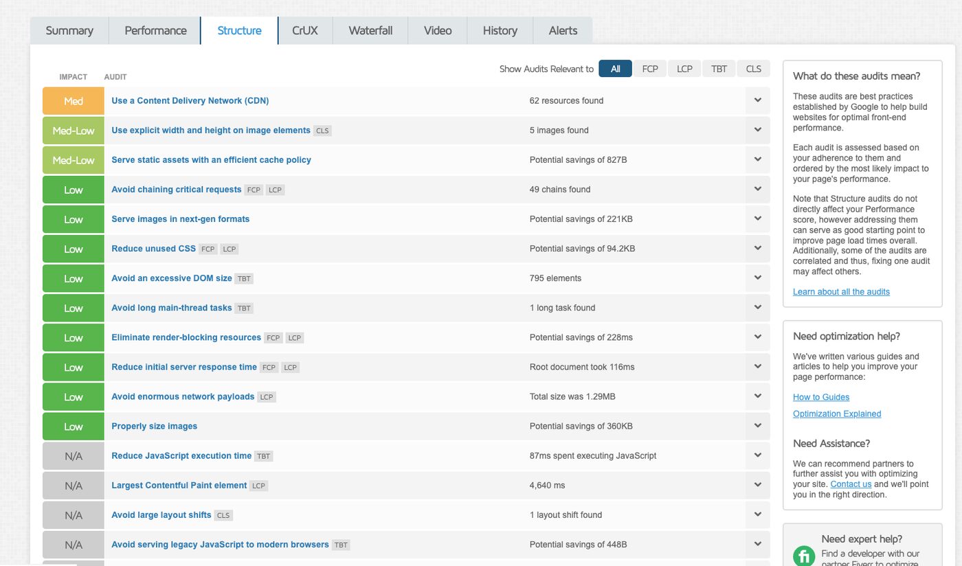 Structure audit screenshot listing optimization opportunities