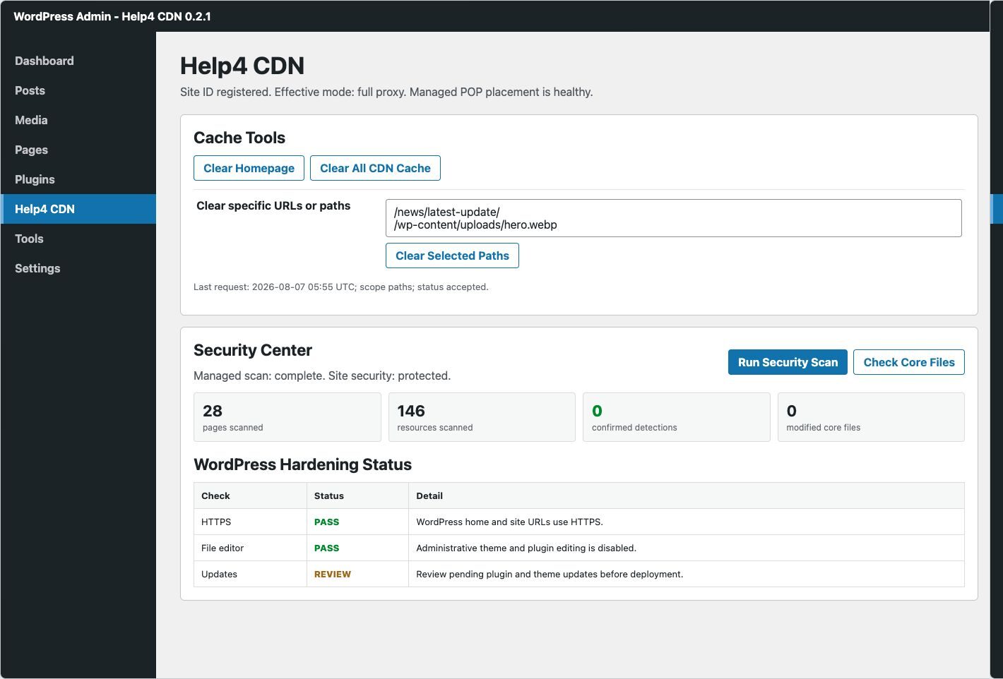Help4 CDN 0.2.1 WordPress admin screen showing Cache Tools with homepage, all-cache, and selected-path clearing options.