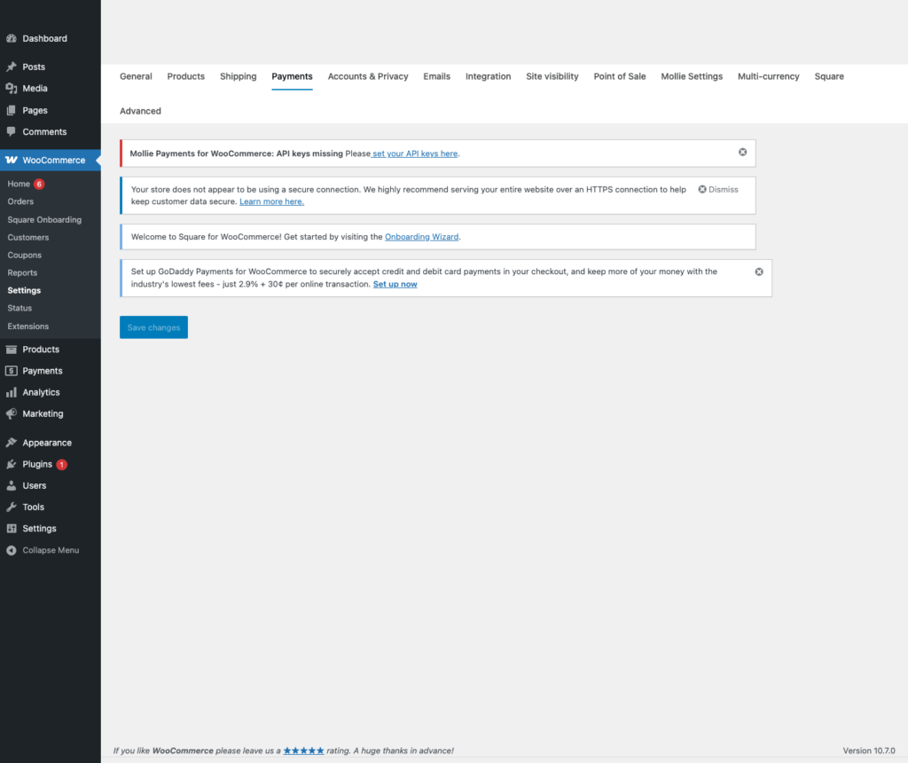 Mollie Payments for WooCommerce settings page in local WordPress sandbox showing API key setup